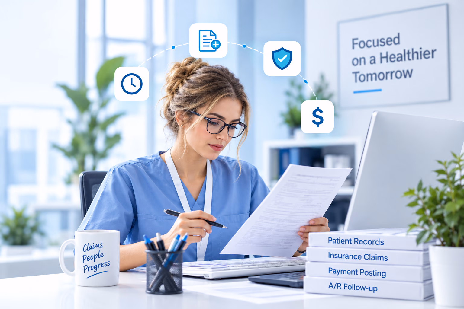 A billing specialist reviewing a claim form at her desk, beside folders labelled patient records, insurance claims, payment posting, and A/R follow-up